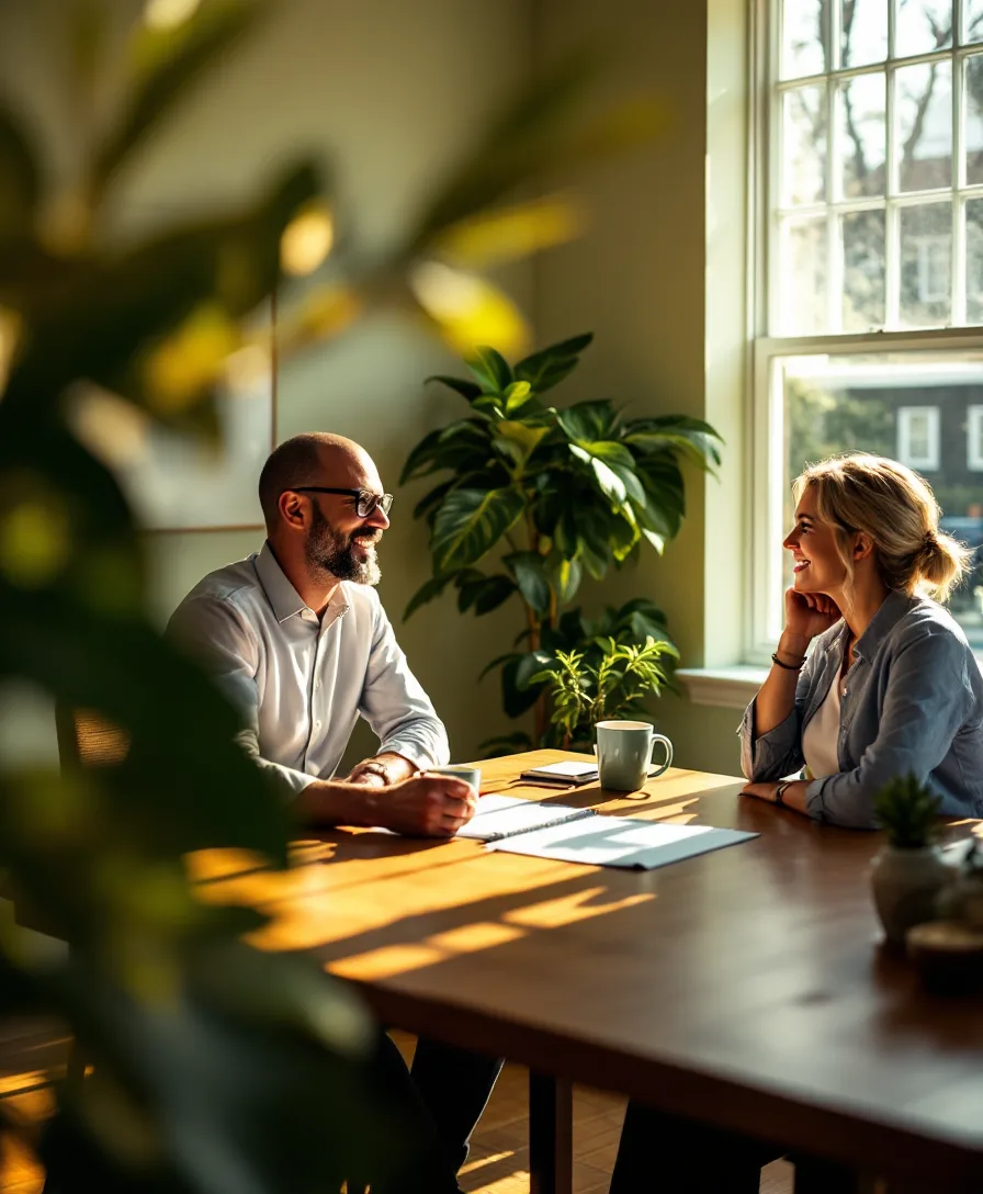 A coach and client working through a leadership plan at a sunlit table